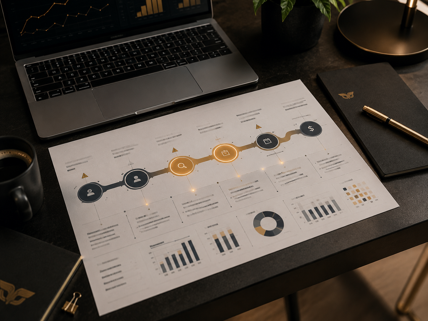 Mesa corporativa com relatórios comerciais, CRM e indicadores de pipeline em análise.