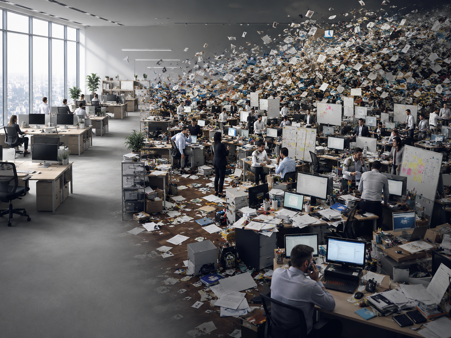 Mesa corporativa organizada com fluxos de trabalho, indicadores e materiais de gestão sem texto legível