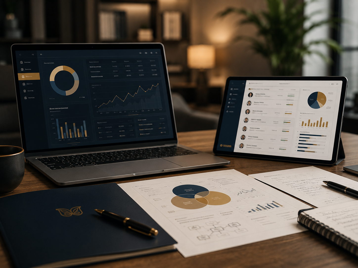 Mesa corporativa com dados de marketing, CRM e vendas sendo analisados em conjunto.