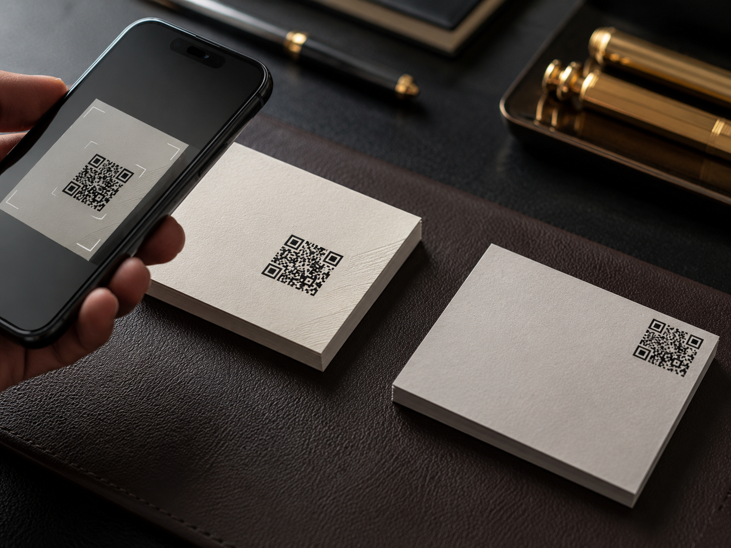 Cartões de visita sofisticados sobre uma mesa, com um QR Code discreto integrado ao layout e um smartphone ao lado.