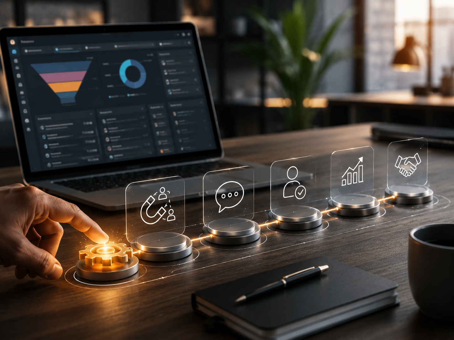 Mesa corporativa com CRM, relatórios e fluxos comerciais organizados para automação